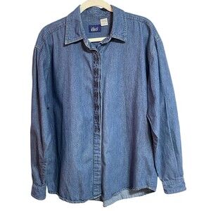 Vintage ilio Denim Shirt Womens Large Floral Embroidered Button Up 100% Cotton